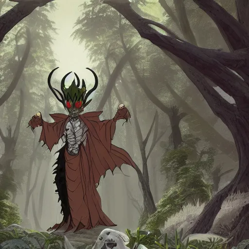 Image similar to concept art painting of an anthropomorphic dragon king with black robes, a long neck, and skull mask, in a deep forest, cel shaded, in the style of makoto shinkai and james gurney and studio ghibli and moebius