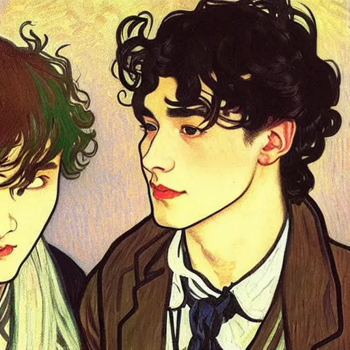 Image similar to painting of young cute handsome beautiful dark medium wavy hair man in his 2 0 s named shadow taehyung and cute handsome beautiful min - jun together at the halloween! party, bubbling cauldron!, candles!, smoke, autumn! colors, elegant, wearing suits!, clothes!, delicate facial features, art by alphonse mucha, vincent van gogh, egon schiele