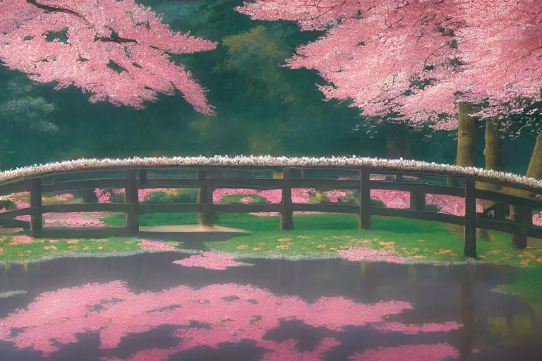 Prompt: masterpiece photography of a japanese garden landscape, with a pond and sakura trees, sakura flowers in the wind, scattered clouds on the horizon, during spring, atmospheric effects, light fog, dawn rays of light, bokeh, by Lee Madgwick or Caspar David Friedrich or Édouard Manet, Trending on artstation, spring, dawn color scheme, soft colors