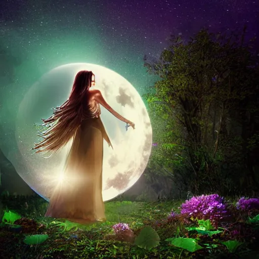 Image similar to mystical Druid woman under a full moon, nature, ambient lighting, art station, beautiful,