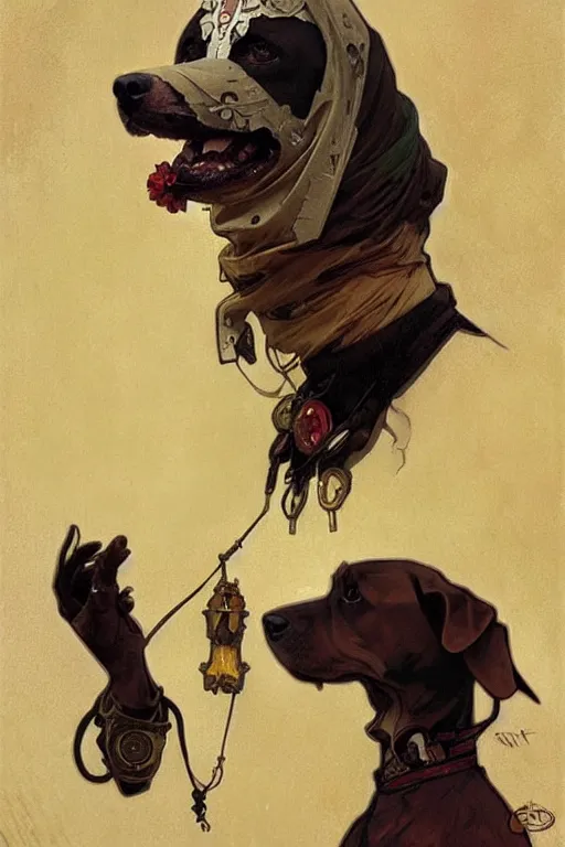 Image similar to Dog wearing mask by greg rutkowski and alphonse mucha