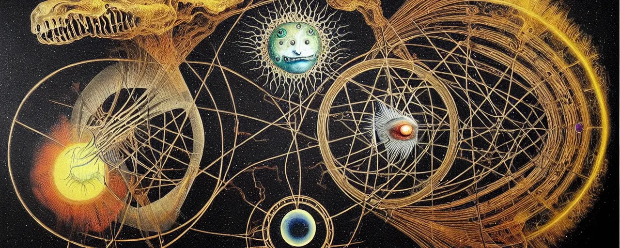 Image similar to a strange earth creature with endearing eyes radiates a unique canto'as above so below'while being ignited by the spirit of haeckel and robert fludd, breakthrough is iminent, glory be to the magic within, in honor of saturn, painted by ronny khalil