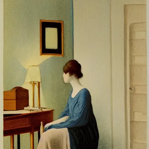 Prompt: a lonely girl in a liminal hotel room, watercolor by hammershøi, limited color palette, very intricate, art nouveau, highly detailed, lights by hopper, soft pastel colors, minimalist