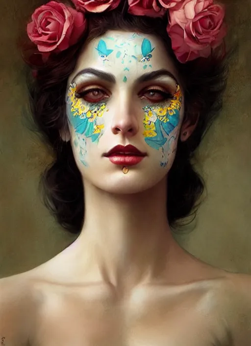 Prompt: a woman with her face painted. face painting of flowers. beautiful highly detailed face. painting by manuel sanjulian and tom bagshaw.