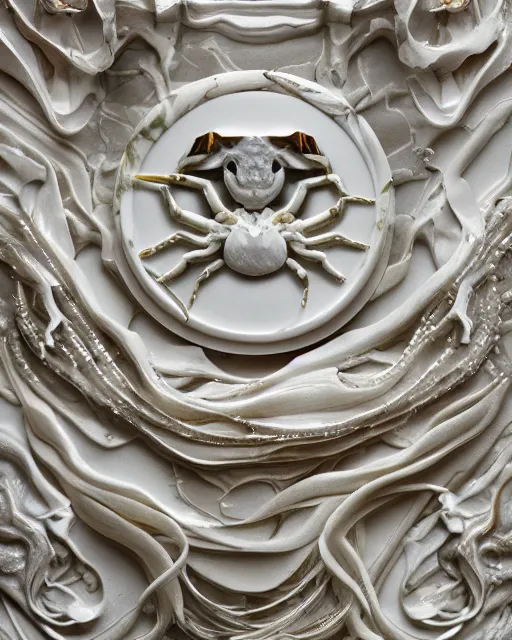 Image similar to white calacatta gold marble, white and gold kintsugi, bas relief carving, feminine shapes, crab shapes, spider shapes, scorpion shapes, tarantula shapes, stunning, highly detailed, intricately detailed, octane, 8 k, trending on artstation