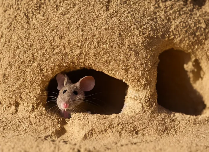 Prompt: dslr photo still of a mouse poking its head out of a sandcastle, 8 k, 8 5 mm f 1. 4