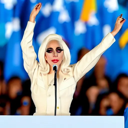 Image similar to Lady Gaga as president, Argentina presidential rally, Argentine flags behind, bokeh, giving a speech, detailed face, Argentina