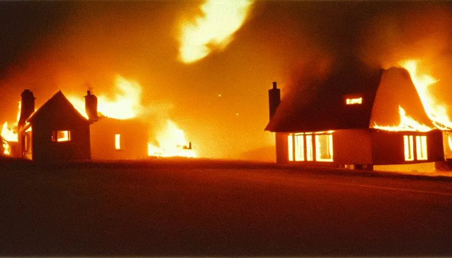 Image similar to 1 9 7 0 s movie still of a heavy burning french style little house in a small northern french village by night in autumn, cinestill 8 0 0 t 3 5 mm, heavy grain, high quality, high detail, dramatic light, anamorphic, flares
