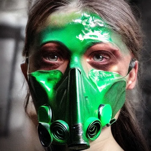 Prompt: i could see her luscious red lips visible through the translucent green gas mask as the yellow sulphur gas swirled around her.