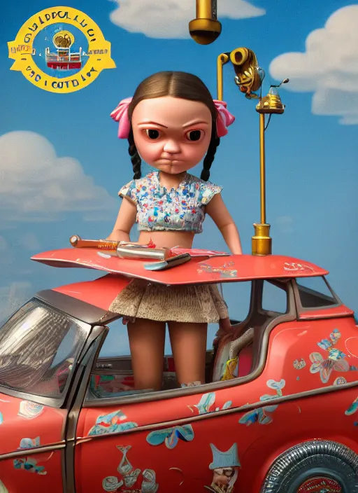 Prompt: highly detailed closeup, profile portrait of a tin toy tin toy greta thunberg bikini mini - skirt, unreal engine, nicoletta ceccoli, mark ryden, earl norem, lostfish, global illumination, detailed and intricate environment