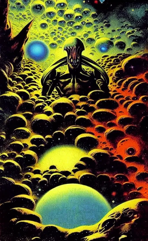 Image similar to trippy psychedelic aliens in space above a planet with a forest by frank frazetta