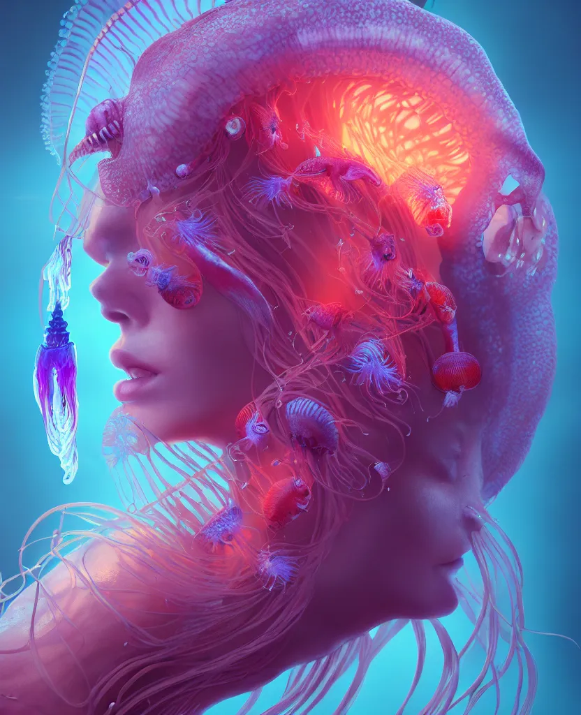 Image similar to goddess close-up portrait. orchid jellyfish phoenix head, nautilus, skull, betta fish, bioluminiscent creatures, intricate artwork by Tooth Wu and wlop and beeple. octane render, trending on artstation, greg rutkowski very coherent symmetrical artwork. cinematic, hyper realism, high detail, octane render, 8k