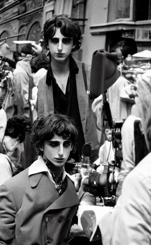 Prompt: timothy chalamet, leica s, 5 0 mm lens, kodachrome, 1 9 6 9, on the set of the godfather, shot by bruce gilden