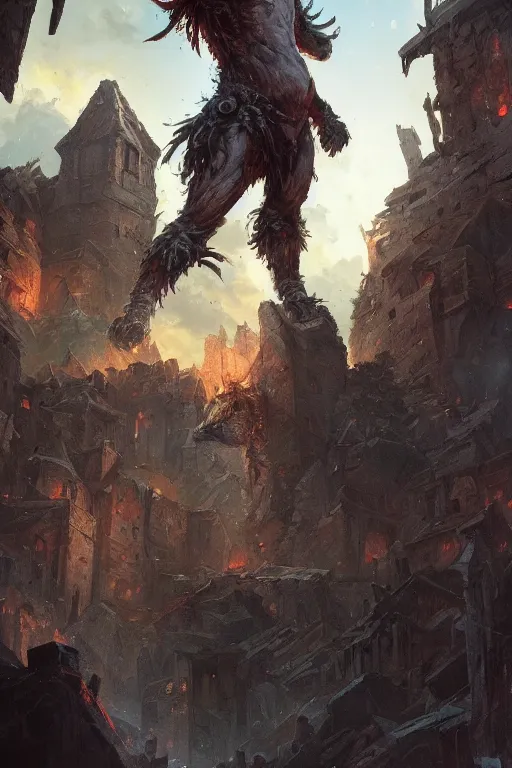 Prompt: a beautiful artwork illustration, fenrir standing over a medieval village, destruction, by Greg Rutkowski and Jesper Ejsing and Raymond Swanland, featured on artstation, wide angle, vertical orientation