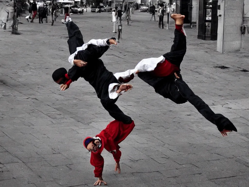 Prompt: jesus!!!!! breakdancing, breakdancer, street, photo