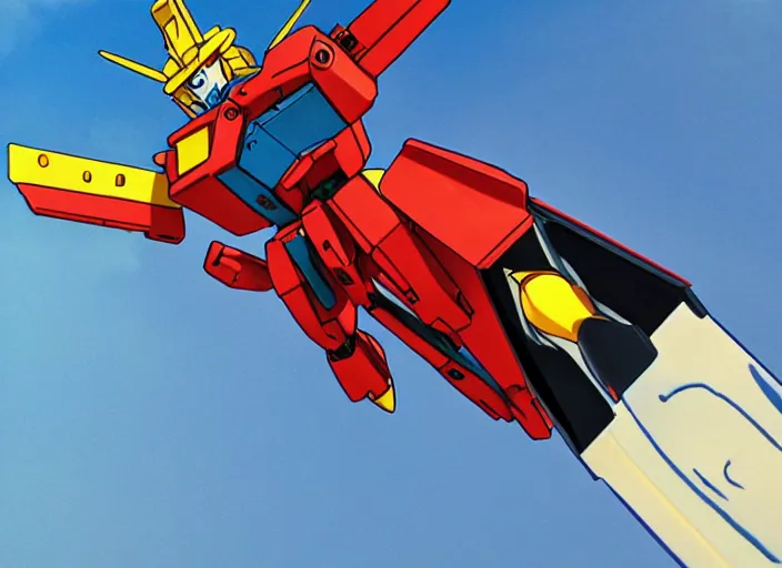 Prompt: A Gundam riding a rocket.