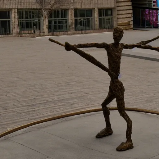 Image similar to high resolution photograph of a bronze cast stick figure sculpture in a roundabout in the style of giacometti