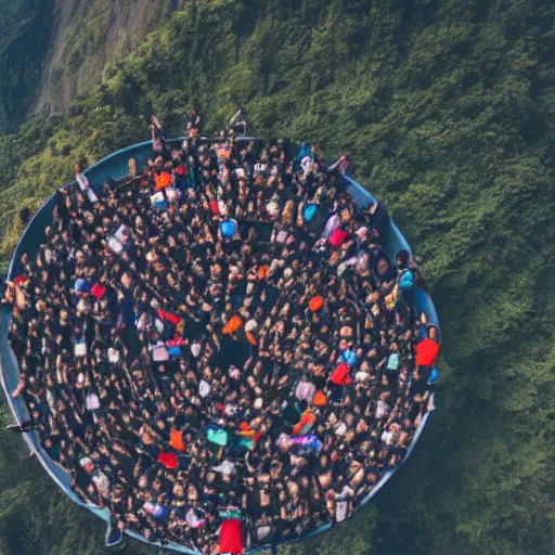 Image similar to Aerial photograph of sikkim people holding hands in a circle on top of a mountain, realistic