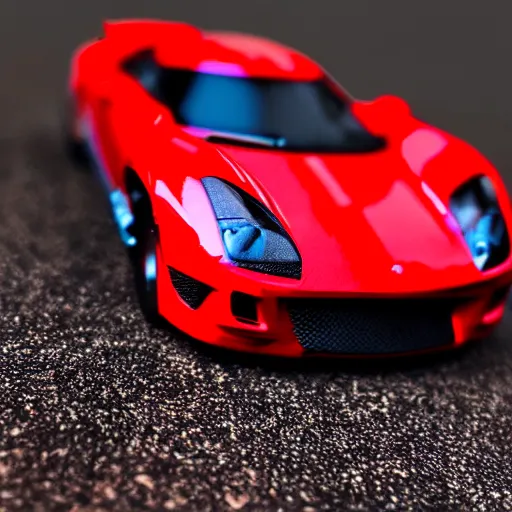 Prompt: a close up of a hotwheel supercar it has a red and black paint job, photoreal, car photography, hotwheels, award winning, supercar