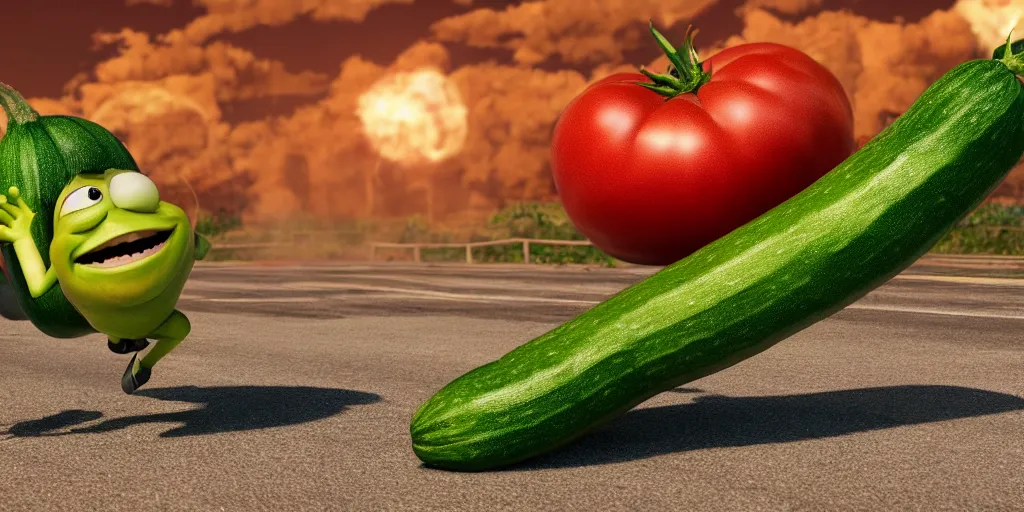 Image similar to detailed 3 d render of a zucchini character running after a tomato character, high speed chase, dramatic scene, hyper realistic octane render, cinematic lighting, deviantart, frame from pixar movie