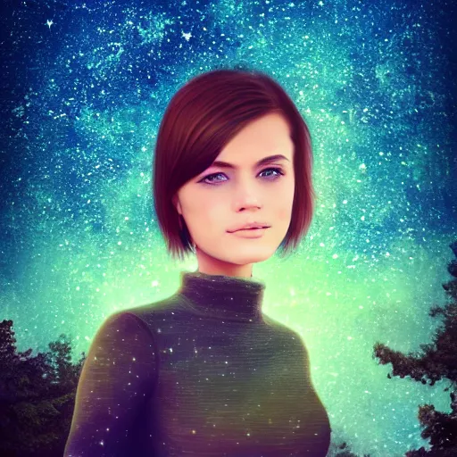 Image similar to an hd photo of a young woman with short brown hair and green eyes, beautiful trees in the background, night sky with stars and galaxies, trending on artstation