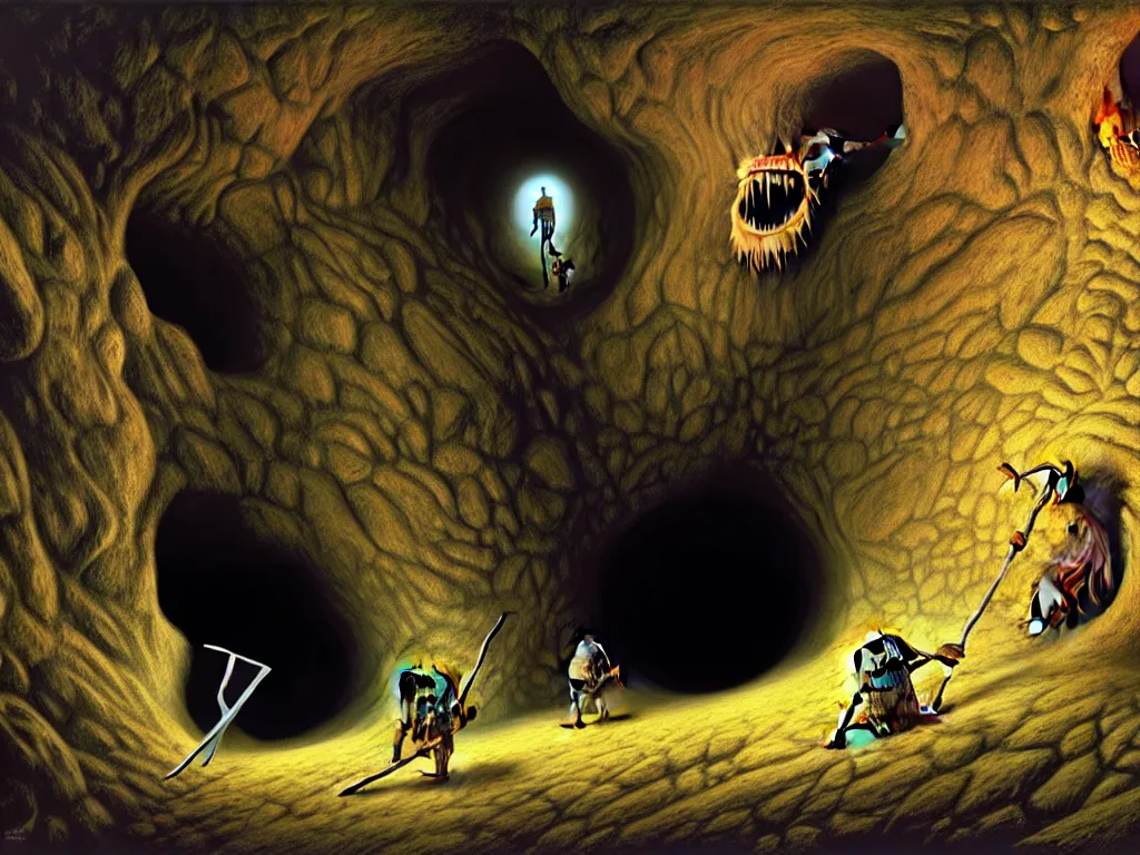 Prompt: a big mouth turns into a cave with strange bearded beings with scythes, 4 k, art by jaroslaw jasnikowski