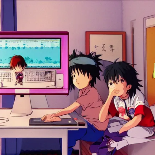 Image similar to anime, young kids playing computer games in a 9 0 s kid bedroom, happy, studio ghibli,