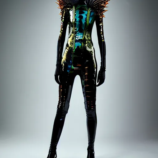 Prompt: an alien creature wearing latex fashion by jan van eyck, ernst fuchs, nicholas kalmakoff, joep hommerson, fashion editorial, prosthetic makeup, character, full body