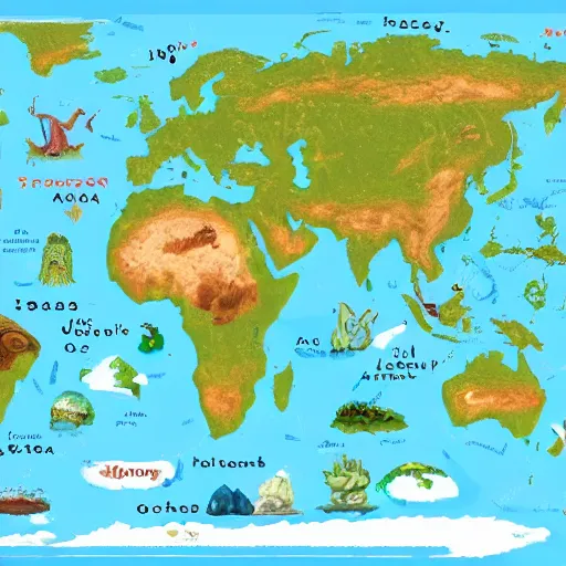 Prompt: a cartographic map of continents made of a group of squishy monsters