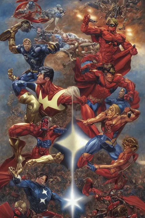 Image similar to super hero civil war battle. art by tomacz alen kopera and gaston bussiere and alex ross.