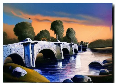 Image similar to modern stylized oil painting of medieval stone bridge, very very very beautiful, funny structure, romanticism by goya, bright art, cinematic dramatic lighting, plants and water