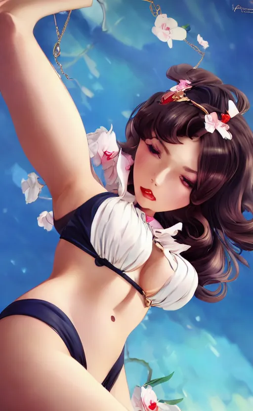 Image similar to a pin up and beautiful fashion charming dreamlkeanime cute girl in bikini with lv jewelry, character art, art by artgerm lau and kyoung hwan kim and and ilya kuvshinov and john singer sargent, hyperdetailed, 8 k realistic, symmetrical, frostbite 3 engine, cryengine, dof, trending on artstation, digital art