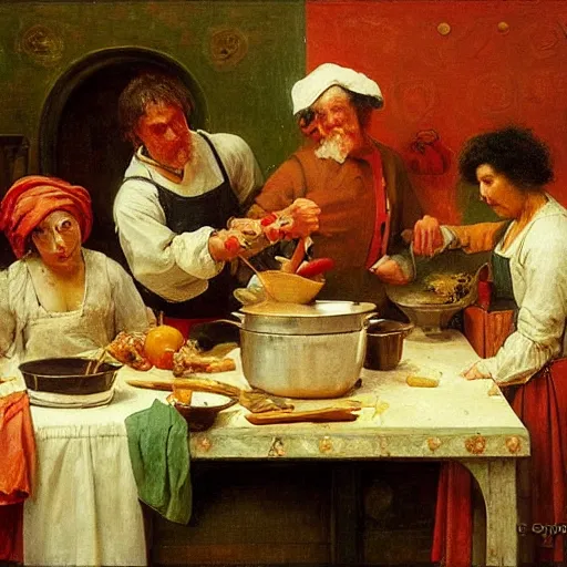 Prompt: Dramatic renaissance scene of cooking in the kitchen, by Greg Rutkowksi and Ilya Repin