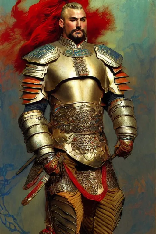 Image similar to beefy male wearing armor, tang dynasty, colorful, painting by gaston bussiere, craig mullins, j. c. leyendecker, tom of finland