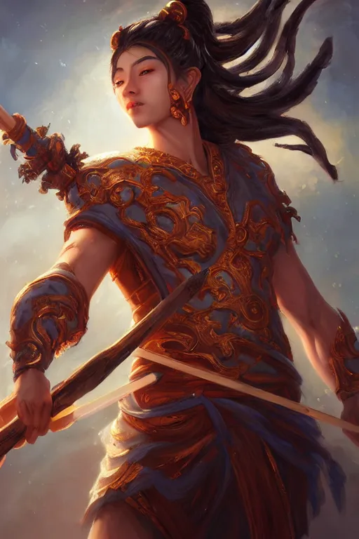 Image similar to a masterpiece portrait of nezha, legendary god holding spear, boy, flame everywhere, epic pose, fantasy character portrait, closeup shot, hyper detailed, digital painting, 8 k realistic, trending on artstation, sharp focus, dof, by fenghua zhong, artgerm, ne zha from smite, jeff easley, raymond swanland