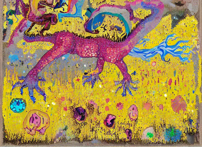 Image similar to expressionistic pixelated decollage painting golden armor alien zombie horseman riding on a crystal bone dragon broken rainbow diamond maggot horse in a blossoming meadow full of colorful mushrooms and golden foil toad blobs in a golden sunset, distant forest horizon, painted by Mark Rothko, Helen Frankenthaler, Danny Fox and Hilma af Klint, graffiti buff, pixel mosaic, semiabstract, color field painting, byzantine art, pop art look, naive, outsider art, very coherent symmetrical artwork. Beksinski painting, part by Philip Guston and Adrian Ghenie, art by George Condo, 8k, extreme detail, intricate detail, masterpiece