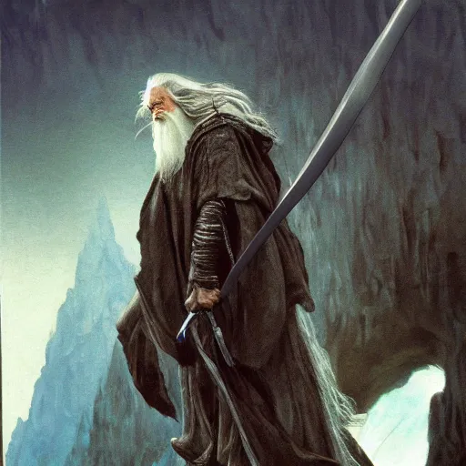 Image similar to gandalf with a sword in his hand on a bridge fighting an enormous balrog from hell, by alan lee, lord of the rings, smooth, detailed terrain, oil painting, matte painting, concept art, trending on artstation