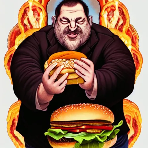 Prompt: detailed full body concept art illustration oil painting of Harvey Weinstein molesting and eating hamburgers, extra ketchup, bacon lettuce and tomatos, oriental art nouveau, frock, mid body, radiant halo of light, black gold smoke ink, fat man covered in bacon and cheese, peter mohrbacher, artgerm