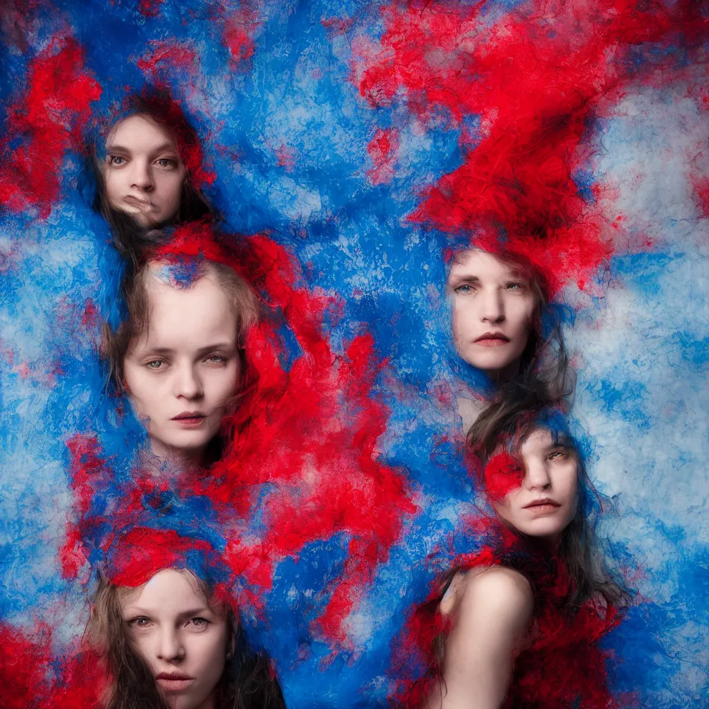 Image similar to an amalgamation of many faces, photograph, blue and red professional studio lights, gaze, editorial model, photo, annie leibovitz, steve mccurry, david lazar, 3 5 mm, f 2. 8, 8 k, detailed