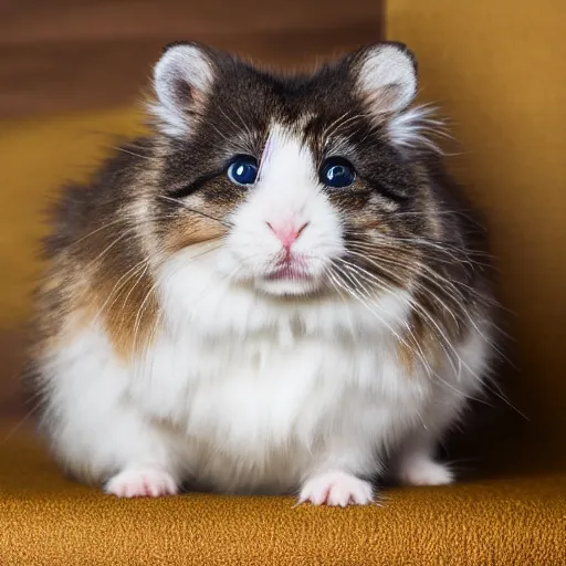 Image similar to fluffy miniature feline cat hamster portrait, aesthetic highly detailed soft fur and paws, professionally shot photorealistic 8k photograph, 35mm Canon EOS R3, rendered in octane, by Natalie Große and Jason Allison