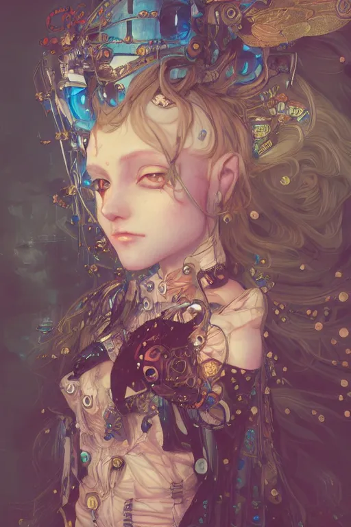 Image similar to portrait of beautiful young fairy, cyberpunk, Warhammer, highly detailed, artstation, illustration, art by Gustav Klimt and Range Murata and Ilya Kuvshinov and Sakimichan