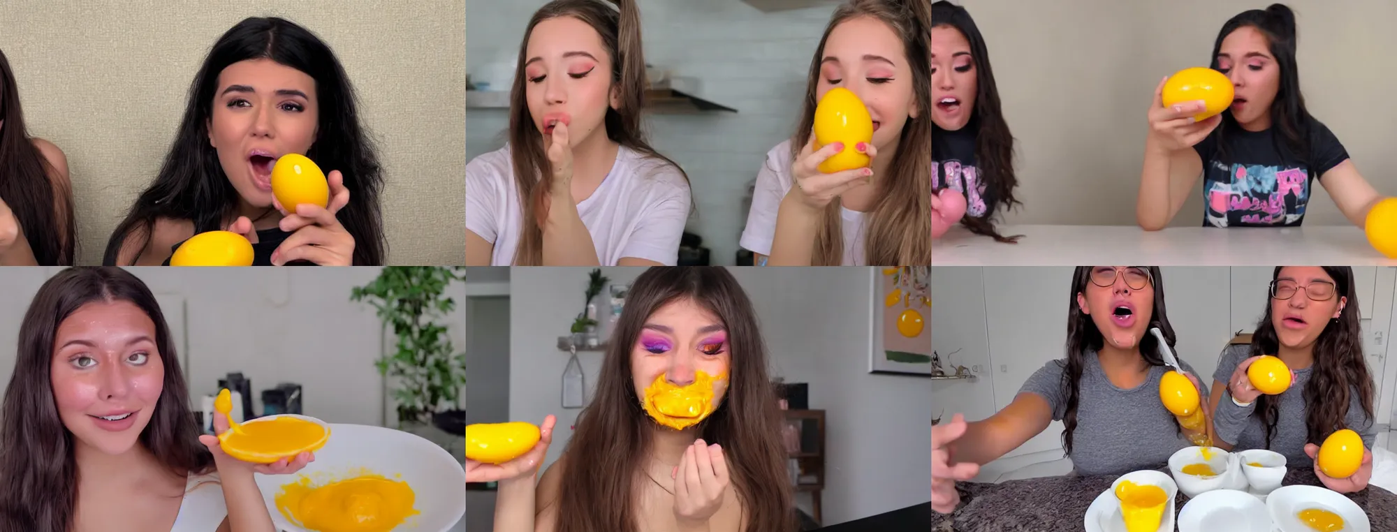 Prompt: a closeup still of an e-girl YouTuber doing the egg yolk challenge, 2019 video screenshot