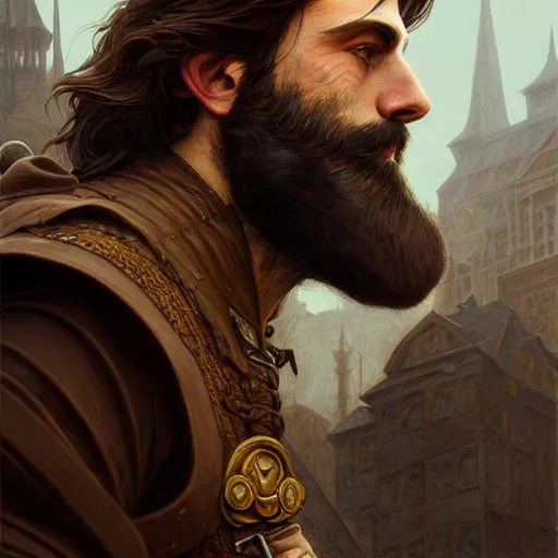 Prompt: brown haired rogue, portrait, rugged, muscular, bearded, male, city landscape, norway, d & d, fantasy, intricate, elegant, highly detailed, digital painting, brown and gold color palette, cloth, octane render, concept art, matte, sharp focus, illustration, herrarthstone, art by artgerm and greg rutkowski and alphonse mucha