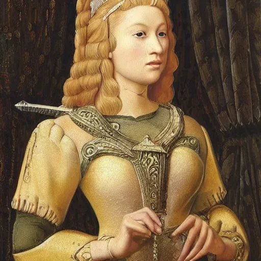 Prompt: intricate detailed portrait of a beautiful blonde noble woman from the 13th century holding a ceremonial greatsword, high quality, breathtaking, somber, photo realism.