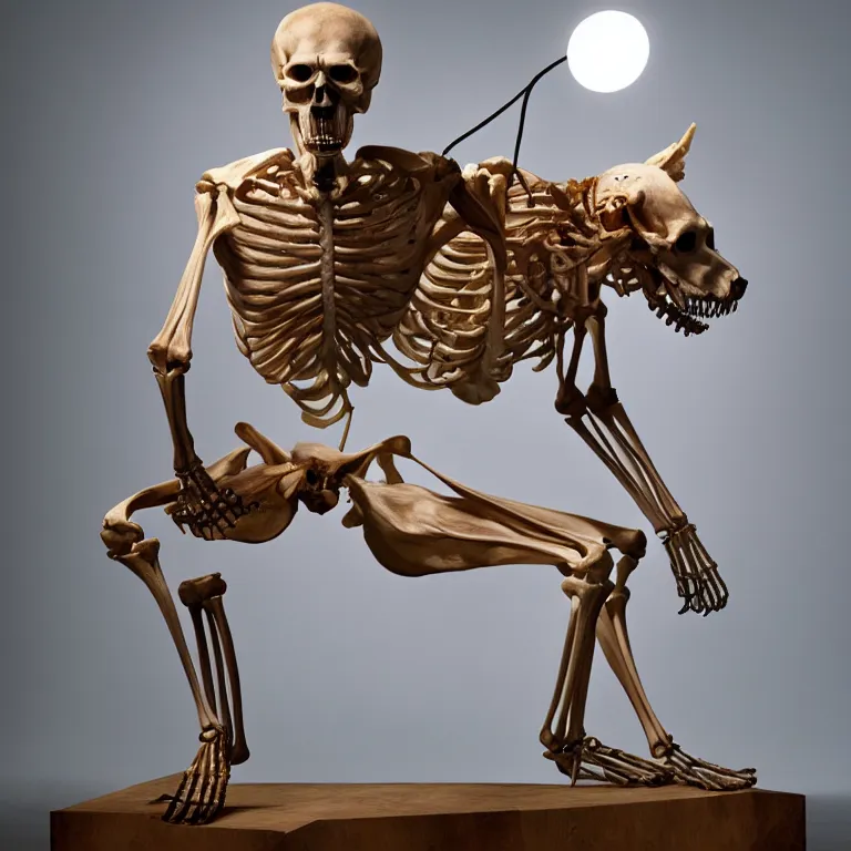 Image similar to hyperrealistic sculpture of a giant wolf skeleton with some flesh attached on a pedestal by ron mueck and duane hanson and damien hirst, hyperrealistic dramatic colored lighting trending on artstation 8 k