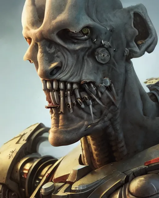 Image similar to hyper realistic portrait of heroic warhammer 4 0 k humanoid cyborg head, cinematic, chaos marine, khorne, artstation, cgsociety, full head and shoulders, greg rutkowski, james gurney, mignola, craig mullins, brom redshift, vray, octane