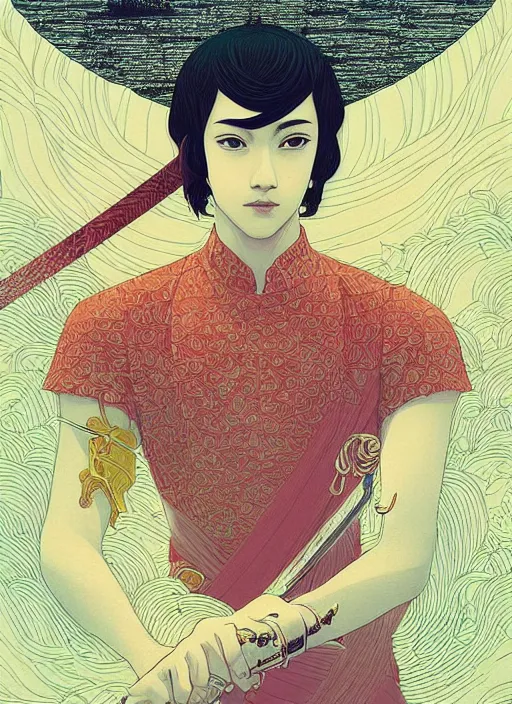 Image similar to third lotus prince committed suicide by drawing his sword by the riverby ilya kuvshinov and victo ngai