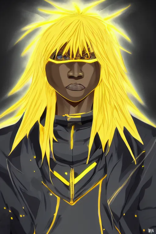 Image similar to glowing black male anime character, golden hair, yellow eyes, symmetrical, highly detailed, digital art, sharp focus, trending on art station, ninja, electricity superpowers, anime art style