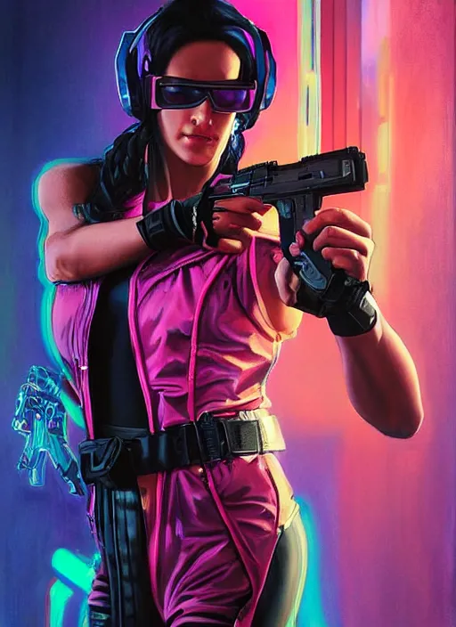 Prompt: beautiful cyberpunk female athlete wearing pink jumpsuit and black jacket while firing a futuristic red belt fed automatic pistol. ad poster for pistol. cyberpunk poster by james gurney, azamat khairov, and alphonso mucha. artstationhq. gorgeous face. painting with vivid color, cell shading. ( rb 6 s, cyberpunk 2 0 7 7 )
