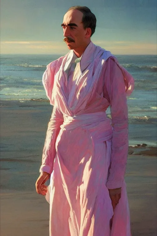 Image similar to john maynard keynes robotic clothes in the beach purple sun, pink lighting ultra realistic photorealistic highly detailed high quality, a stunningly, digital painting, artstation, concept art, smooth, sharp focus, illustration, art by artgerm and greg rutkowski and alphonse mucha 8 k